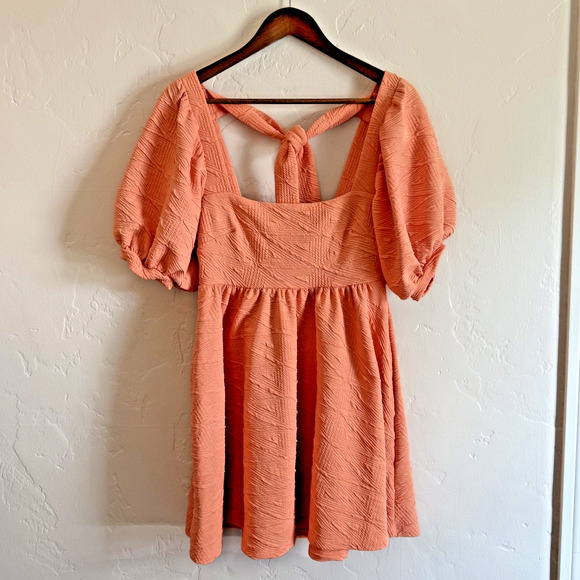 Free People Size XS Dress - Peach Puff Sleeves Babydoll Mini Tie Back Grapefruit - Picture 2 of 10